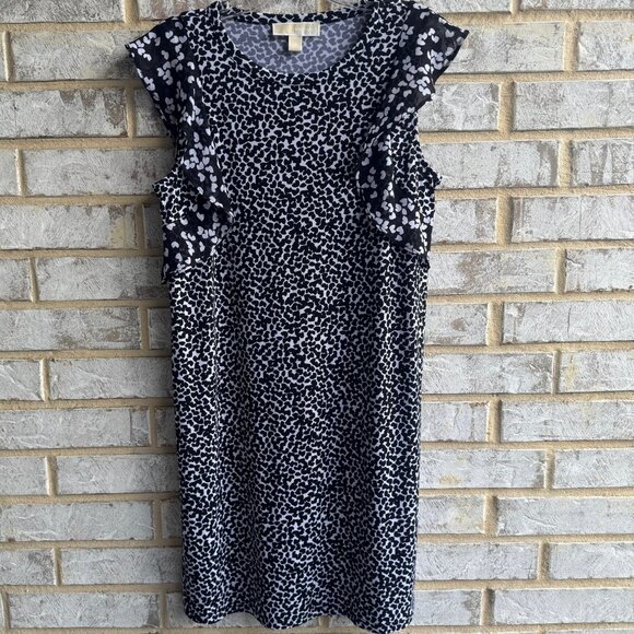 Michael Michael Kors Short Ruffle Sleeve Crew Neck Black/White Geo Dress Size S - Picture 1 of 8